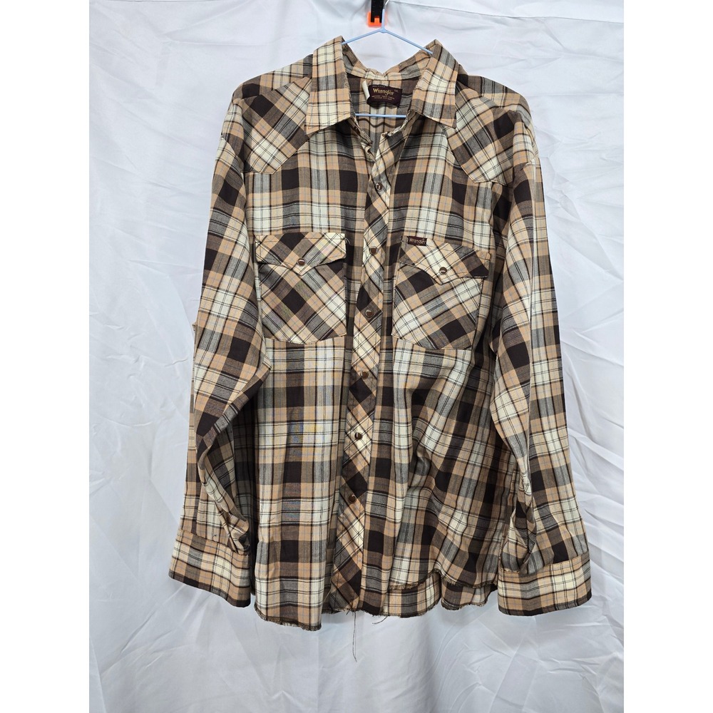 Vintage Wrangler Mens XXL Plaid Western Pearl Snap Shirt Brown Tan‎ Made in USA